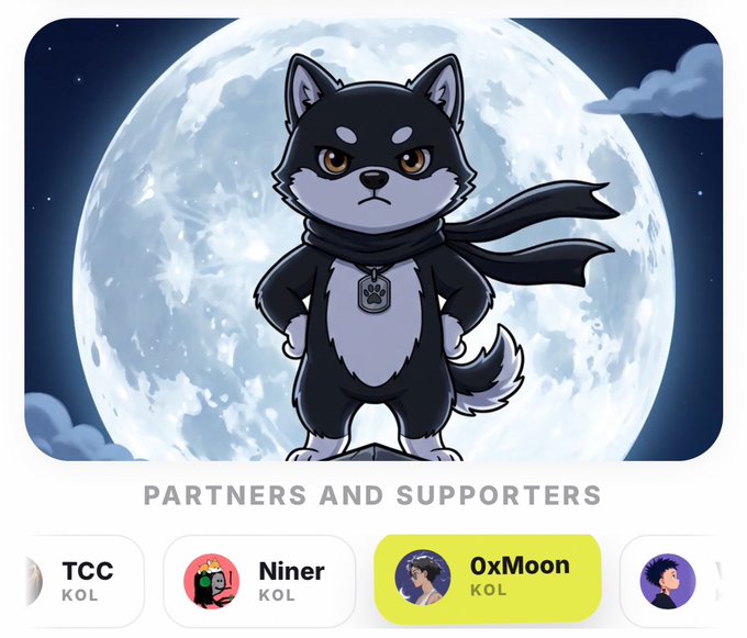 A cartoon black wolf character wearing a scarf stands against a full moon backdrop, displayed on what appears to be the official mame-inu:native website under a "Partners and Supporters" section. The highlighted supporter, "0xMoon" (a KOL), is shown alongside other supporters including TCC and Niner, suggesting the image is showcasing a newly added partner to the project's website.