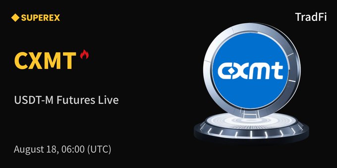 The graphic announces the listing of $CXMT on SuperEx's TradFi USDT-M Futures, scheduled for August 18 at 06:00 (UTC), featuring a 3D rendering of the CXMT logo on a metallic platform against a black background to highlight the new trading availability.