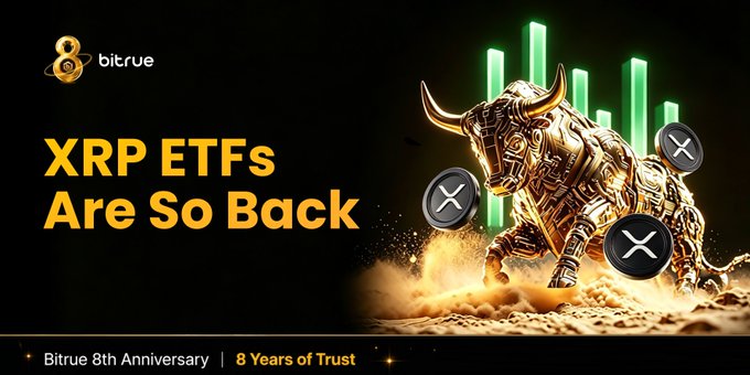 A Bitrue promotional graphic shows a golden mechanical XRP bull charging through a rising green chart, reinforcing bullish sentiment around #XRP spot ETFs. It reads “XRP ETFs Are So Back” and notes Bitrue’s 8th anniversary, tying into the post’s $28.14 million in net inflows on August 26.