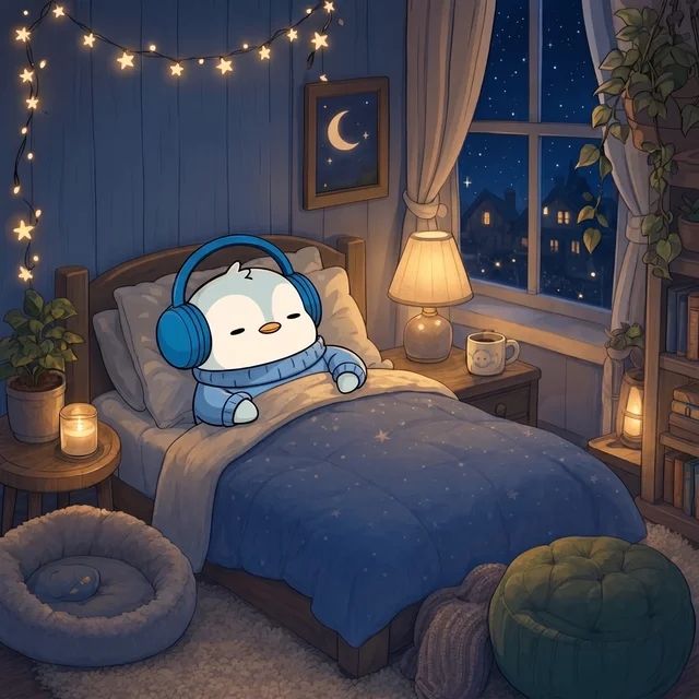 2: A digital illustration depicts a cute cartoon penguin character wearing blue headphones and pajamas, tucked into a cozy bed in a star-lit bedroom at night.