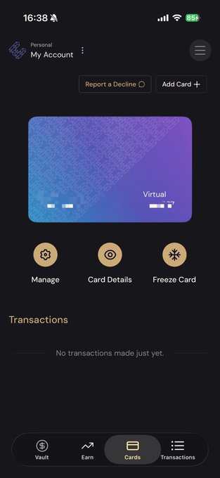A mobile screenshot from the ether.fi app displaying a "My Account" page with a virtual card, options to Manage, view Card Details, or Freeze Card, and a "No transactions made just yet" notice, celebrating the user's successful registration and acquisition of the coveted card.