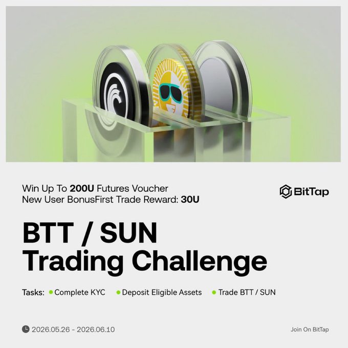 The image displays an advertisement for a trading challenge called "Btt / SUN Trading Challenge". The challenge is sponsored by Bit Tap Global, an organization that provides exchange services. They are promoting a new user bonus scheme, where users can trade bitcoin on the Btt/SUN platform and potentially earn bigger rewards. It encourages participation in this challenge to take advantage of their unique trading opportunities.