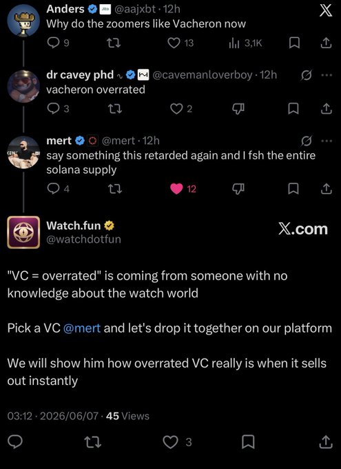 The image shows a Twitter post that has been edited, with several lines of text added or removed from the original post. The new post reads: "Why do the zeomers like Vacheron now? Watch Fun! Pick a V Carter @mert It is our civil duty and responsibility to educate @solana manlets on watches." This message seems to be related to the post about watches, as it includes a reference to a watch. The edited post also contains several mentions of Twitter handles such as "@mert" and "@solana".