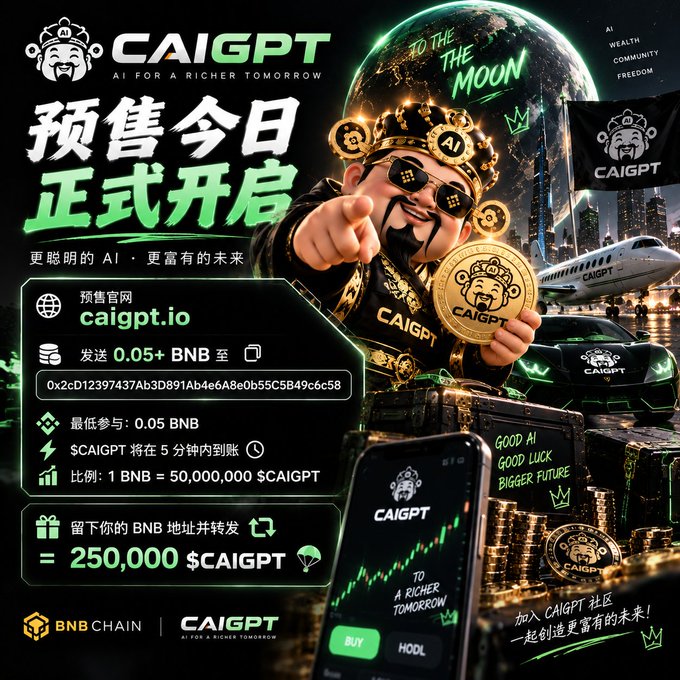 A promotional advertisement for CAIGPT featuring a king character holding a coin, with text including '预售今日正式开启', 'caigpt.io', instructions to send '0.05+ BNB', and slogans like 'TO THE MOON' and 'GOOD AI GOOD LUCK BIGGER FUTURE'.