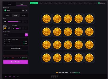 A screenshot of a coin reward interface on the Veeb cryptocurrency platform, showing rows of gold coins and an 'Advance Settings' panel.