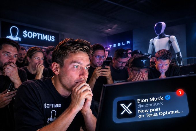 A crowd wearing "$OPTIMUS" shirts watches anxiously as an Elon Musk X post notification appears on screen reading "New post on Tesla Optimus," while a humanoid robot stands in the background — perfectly capturing the anticipation surrounding Musk's latest unveiling.