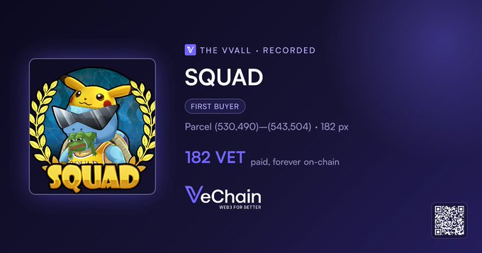 The image is a promotional graphic from "THE VVALL · RECORDED" showcasing a "SQUAD" NFT parcel featuring Pikachu and Squirtle artwork, with text indicating "FIRST BUYER" status, a parcel ID linking parcels (530,490)—(543,504) covering 182 px, and pricing of 182 VET paid permanently on-chain, alongside the VeChain logo. The accompanying post highlights @SquadVeChain claiming 182 pixels of internet history with "SQUAD," reinforcing the image's message about permanent on-chain pixel ownership on VeChain.