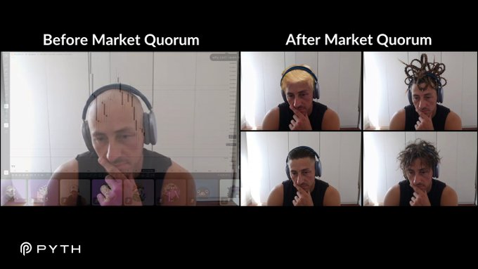 Pyth Network meme titled 'Before Market Quorum / After Market Quorum' showing a bald man with a headset on the left, and four playful versions of him with wigs and styled hair on the right.