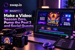 A promotional graphic for 'swap.io' offers a 'BOUNTY 1' to 'Make a Video: Season Zero, Pump the Pool 3 and Social Quests' alongside a laptop displaying colorful digital interfaces.