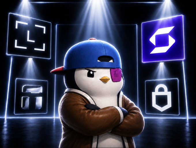 A 3D-rendered penguin mascot wearing a brown jacket, blue cap, and purple eye patch stands with crossed arms against a dark background flanked by glowing icons including a QR code scanner, storefront, Polygon logo, and lock.
