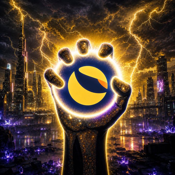 Dramatic digital artwork depicting a glowing cosmic hand holding a yellow crescent-moon logo (Terra/Luna symbol) against a stormy, lightning-filled city skyline backdrop with golden and purple hues.