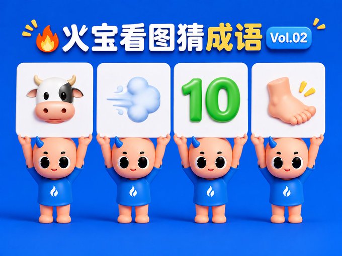 A colorful promotional graphic titled '火宝看图猜成语 Vol.02' (Fire Treasure Picture Guessing Idioms) featuring four cartoon characters holding up icons of a cow, wind/cloud, the number 10, and a foot.