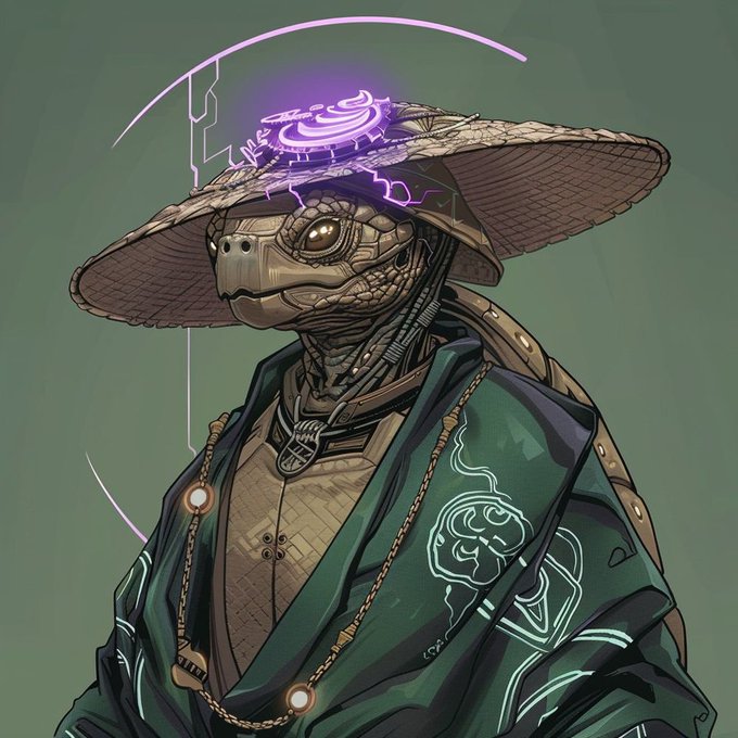 A digital illustration of a cybernetic turtle wearing a wide-brimmed straw hat, traditional green robes with glowing symbols, and a purple holographic symbol hovering above its head.