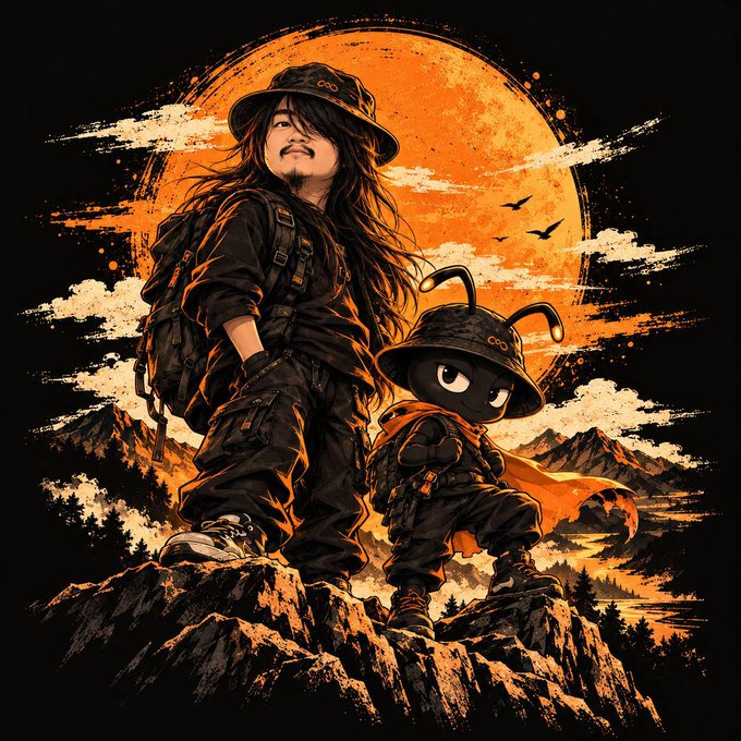 A human and a black ant-like companion in matching bucket hats and tactical gear stand triumphantly atop a rocky peak against a dramatic orange sunset, accompanied by the text "Neo" on their hats and the post mentioning "NeosoulAI" and its meme trading integration. The adventurous imagery evokes the unpredictable, high-stakes thrill of meme coin trading, mirroring the post's warning about rapid price surges and risks in markets like Robinhood's chain and BSC.