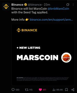 Binance announcement tweet stating 'Binance will list MarsCoin @bnbMarsCoin with the Seed Tag applied,' featuring a 'NEW LISTING MARSCOIN' graphic.