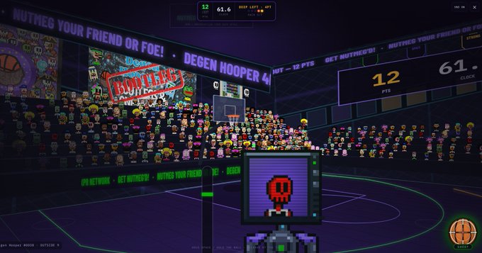 A pixelated basketball video game scene shows a crowded arena with text reading "NUTMEG YOUR FRIEND OR FOE!" and "DEGEN HOOPER 4" on the jumbotron above the court.
