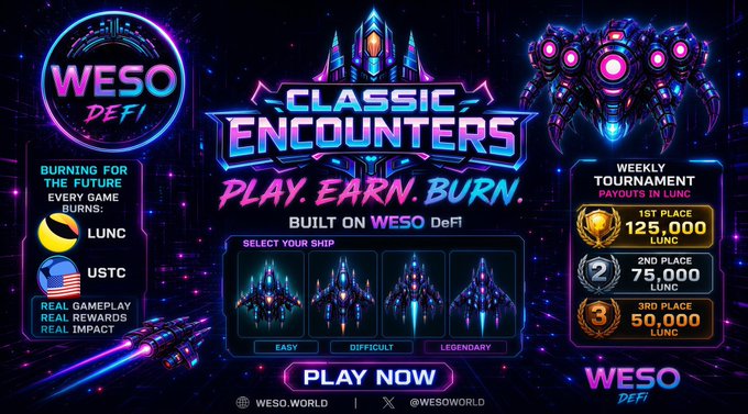 Promotional graphic for 'WESO DeFi' game 'Classic Encounters' advertising a Play.Earn.Burn. model with weekly tournaments paying out in LUNC tokens.