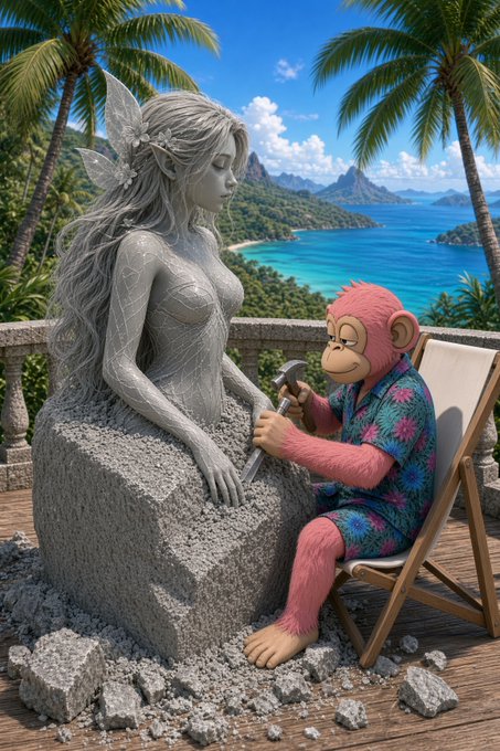 A digitally rendered scene shows a pink monkey in a floral shirt sitting in a chair and hammering a stone statue of a winged fairy figure, set against a tropical beach backdrop.