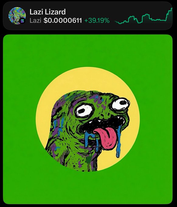 A cryptocurrency coin profile for "Lazi Lizard" (ticker: Lazi) shows a meme illustration of a green lizard with bulging eyes and drooling tongue, priced at $0.0000611 with a +39.19% gain, likely shared on social media to promote the Solana-based memecoin alongside $SOL.