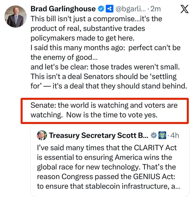 A screenshot of a Brad Garlinghouse (@bgarli...) X/Twitter post supporting legislation, with a quoted tweet from Treasury Secretary Scott B., and a red box highlighting the text 'Senate: the world is watching and voters are watching. Now is the time to vote yes.'