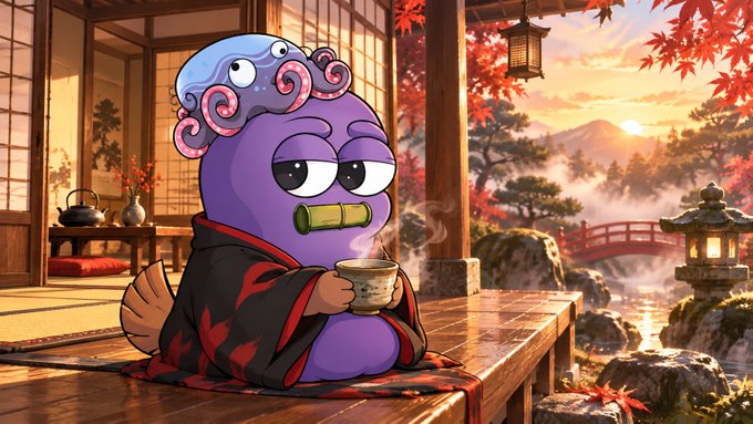 An anime-style illustration of a purple character with an octopus on its head, wearing a black and red kimono and sipping tea in a traditional Japanese room at sunset.