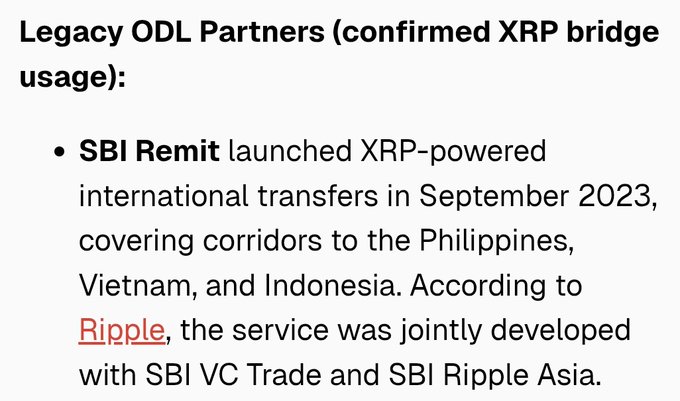The image features a screenshot of text that states "Ripple SBI Remit Indonesia $XRP ODL Bridge Usage", which appears to be from a blog discussing Ripple, an innovative cryptocurrency platform with natively developed applications. The text provides details about Ripple's use as a bridge payment service for Bitcoin transactions on the exchange SBI Trade and SBI Ripple Asia.