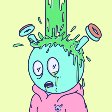 A cartoon illustration of a green, wide-eyed character in a pink hoodie having green slime poured onto its head from above.