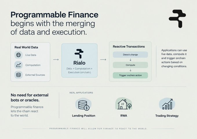 An infographic titled "Programmable Finance begins with the merging of data and execution" explaining the Rialo protocol, showing the flow from Real World Data to Reactive Transactions, with use cases for Lending Position, RWA, and Trading Strategy.
