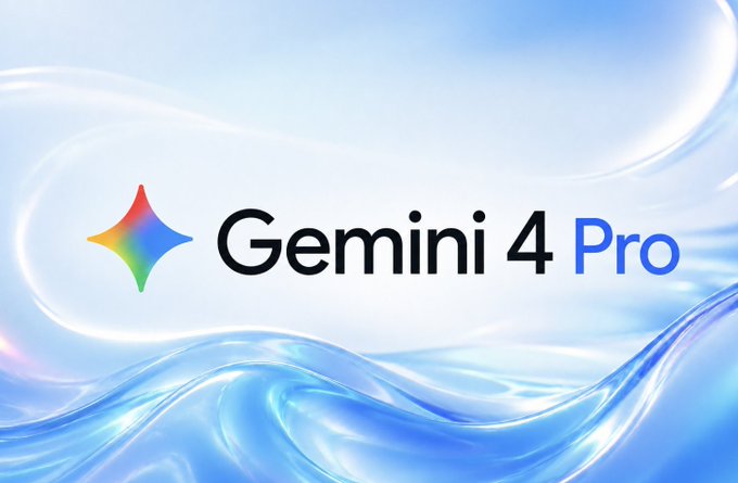 A promotional graphic displaying the 'Gemini 4 Pro' logo with a colorful four-pointed star icon on a flowing blue and white background.