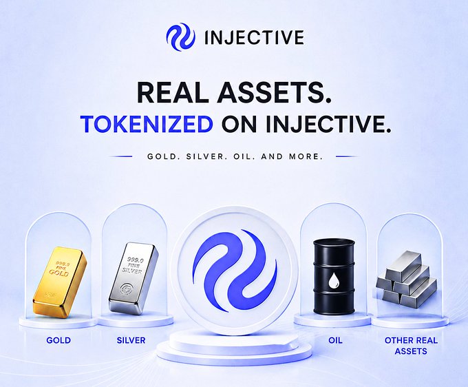 Injective's promotional graphic showcases real assets being tokenized on its blockchain, featuring the INJ logo displayed alongside gold bars, silver ingots, oil barrels, and other commodities, with the headline "REAL ASSETS. TOKENIZED ON INJECTIVE. GOLD. SILVER. OIL. AND MORE." The image reinforces the post's message about $INJ enabling traders to access commodities like gold, silver, and oil directly onchain through powered dApps.