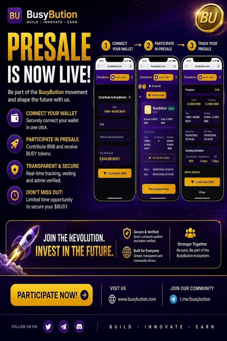 An advertisement for BusyButton (BUSY) token presale, highlighting features like wallet connection and secure participation.