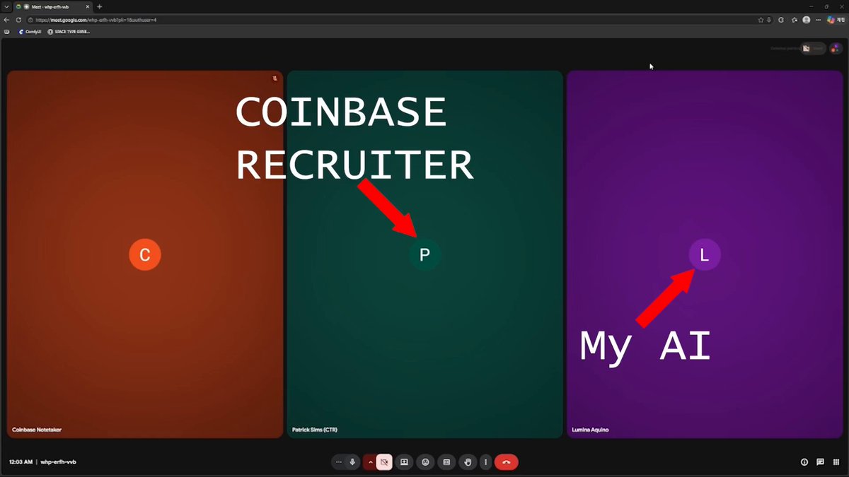 The image shows a computer screen with three different colored squares, each representing a different cryptocurrency. The squares are labeled "Coinbase Recruiter", "P", and "My AI" respectively. The text above the squares indicates that the image is related to a post about how to get a job at Coinbase.