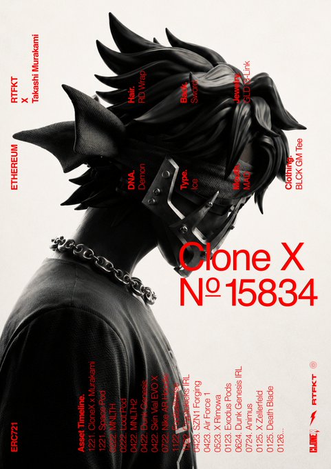 An album or merchandise cover featuring a stylized character with spiky black hair, a face mask, and chains, titled 'Clone X N° 15834' with various asset descriptions like 'RTFKT x Takashi Murakami' and 'ETHREUM'.