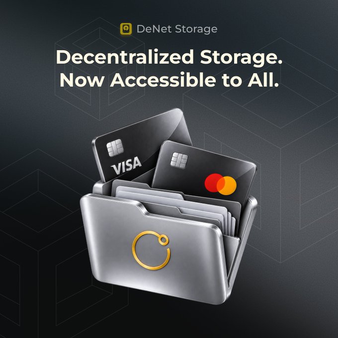 A promotional graphic for DeNet Storage featuring a metallic folder icon holding Visa and Mastercard credit cards, accompanied by the headline "Decentralized Storage. Now Accessible to All." The image visually reinforces the announcement that traditional card payments are now accepted, removing a key barrier to mainstream adoption of decentralized storage services.