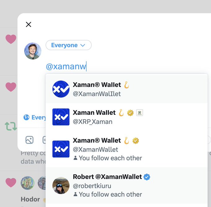The image shows a social media tagging interface where the user is typing "@xamanw" in a post, and the auto-suggest dropdown displays multiple accounts—including two suspicious accounts named "Xaman Wallet" (@XamanWallet and @XRP_Xaman) appearing above the legitimate verified "Xaman® Wallet" (@XamanWallet) account, illustrating the post's complaint about scammer accounts outranking the real verified organization in search suggestions.