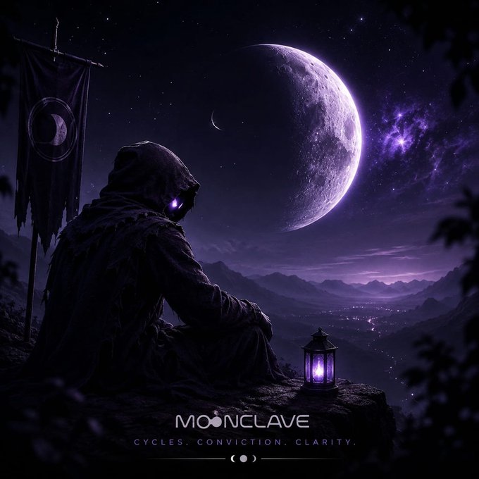 A hooded figure with glowing purple eyes sits beneath a massive crescent moon, holding a matching purple lantern beside a tattered banner bearing a crescent emblem, with the text "MOONCLAVE — CYCLES. CONVICTION. CLARITY." displayed at the bottom. The imagery directly mirrors the caption's themes of answered calls and cyclical devotion, presenting a lone guardian who has embraced the moon's signal and now watches over the world in quiet, patient alignment with its rhythms.