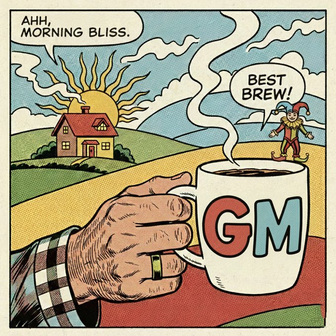 A pop-art style comic illustration of a hand wearing a gold ring holding a 'GM' coffee mug, with speech bubbles reading 'AHH, MORNING BLISS.' and 'BEST BREW!' against a bright, hilly landscape with a jester.