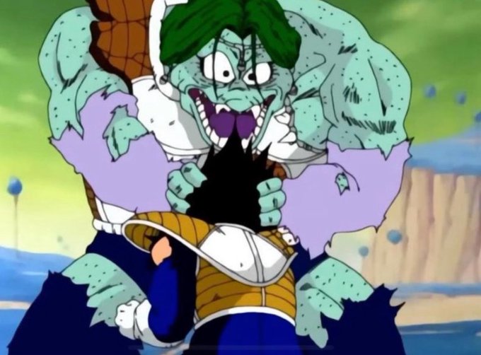 A muscular, menacing humanoid creature with green skin and sharp teeth bites into a helmeted character, destroying it. The image humorously illustrates the post's concern about carefully selected cryptocurrency investments being devoured and reduced to nothing.