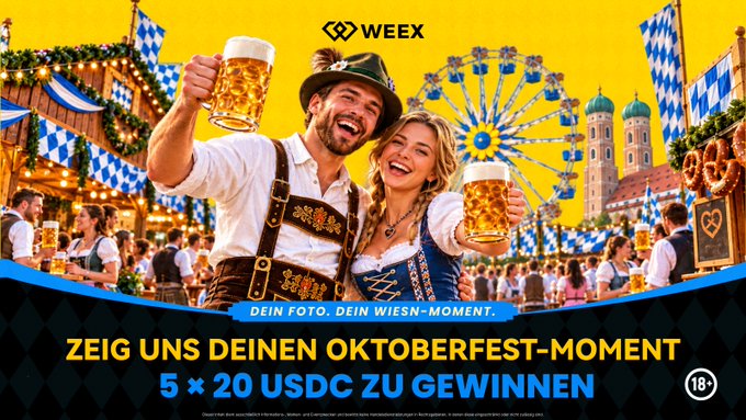 A WEEX promotional advertisement for Oktoberfest showing a man and woman in traditional Bavarian attire holding beer steins, with German text reading 'DEIN FOTO. DEIN WIESN-MOMENT.', 'ZEIG UNS DEINEN OKTOBERFEST-MOMENT', and '5 × 20 USDC ZU GEWINNEN'.