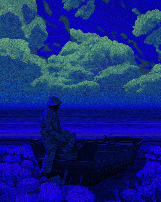 A solitary figure in a blue cap stands in a small wooden boat surrounded by textured flowers, gazing out at a moonlit sea beneath swirling, impressionistic clouds rendered in luminous blues and greens—evoking a sense of quiet reflection and the intimate, soulful journey of belonging to a close-knit community rather than just a passive audience.