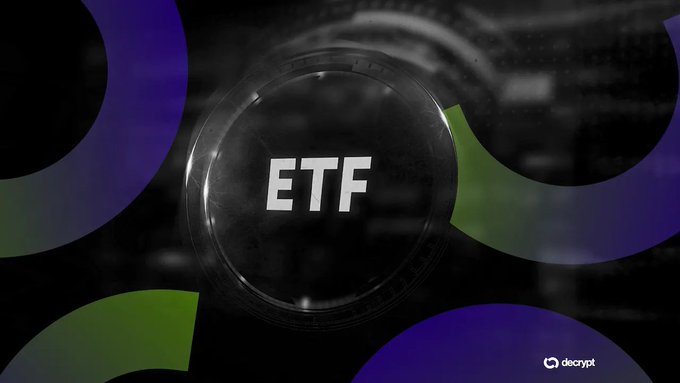 A graphic featuring the text 'ETF' inside a glass orb against a dark background with purple and green circular shapes, branded with 'decrypt' in the corner.