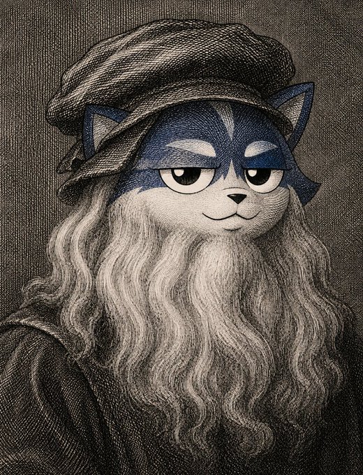A black and white sketch-style portrait of a cat-like creature wearing a flat cap and featuring long, flowing fur or hair, rendered in a detailed, vintage etching style.