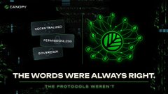 The image displays the Canopy Network logo with the text "THE WORDS WERE ALWAYS RIGHT," "THE PROTOCOLS WEREN'T," and references to an "OCCUPY THE GRID" feature with a "FILTER MEDIA & CSV" pet detail, promoting the elite testnet experience mentioned in the post about minting $CNPY monopoly money and exploring the multichain ecosystem.
