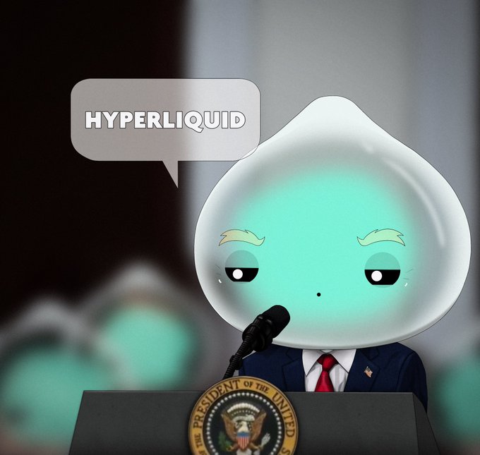 A cartoon character with a glowing teal head stands at a "President of the United States" podium with a speech bubble reading "HYPERLIQUID," parodying the given quote about bringing Hyperliquid to the U.S.