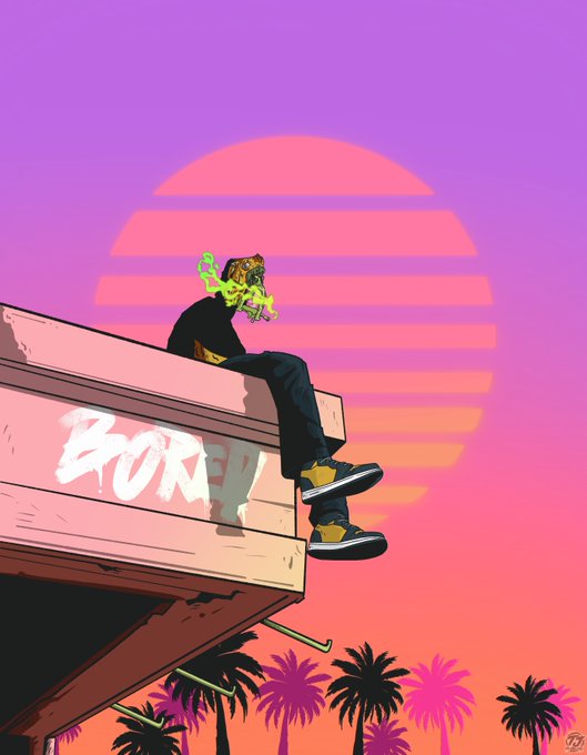 A stylized digital illustration features a person in a tiger mask and black outfit sitting on a ledge with the word 'BORED' painted on it, set against a retro pink and purple sunset with palm trees.