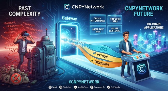 The image contrasts the past complexity of Web3 development, showing a frustrated developer struggling with Solidity code alongside broken machinery, with CNPYNetwork's streamlined future featuring a confident developer at an easy control panel powered by Python and JavaScript through a Gateway offering custom chains, simplified Web3, super-fast data, and secure re/staking. It visually reinforces the post's message that CNPYNetwork eliminates the need for expensive, complex coding by making blockchain development accessible and developer-friendly.