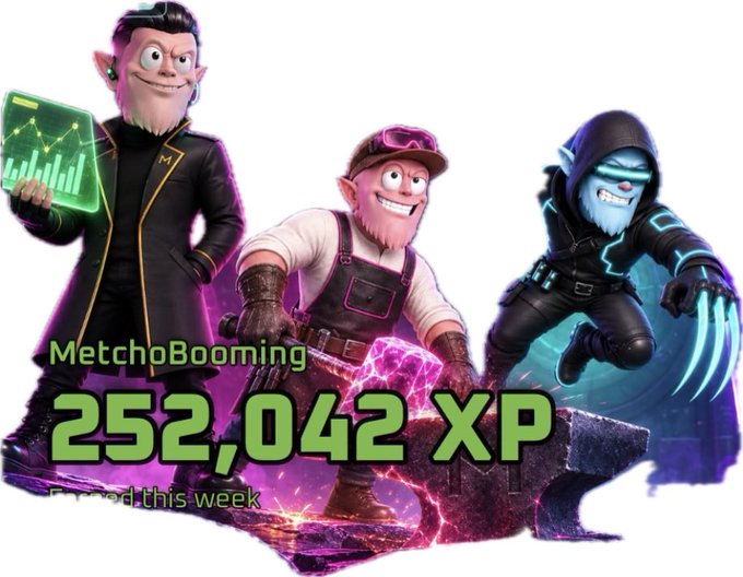 A 3D-rendered graphic shows three cartoon characters posing dynamically with the text 'MetchoBooming', '252,042 XP', and 'Earned this week' overlaid.