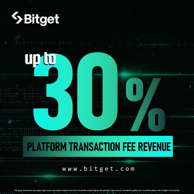 A promotional banner for Bitget cryptocurrency exchange advertises 'up to 30% PLATFORM TRANSACTION FEE REVENUE' at www.bitget.com with a dark green digital background.