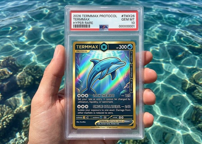 Hand holding a PSA-graded 2026 TERMMAX PROTOCOL holographic Pokemon-style trading card labeled 'HYPER RARE #00000001', photographed over clear blue pool water.