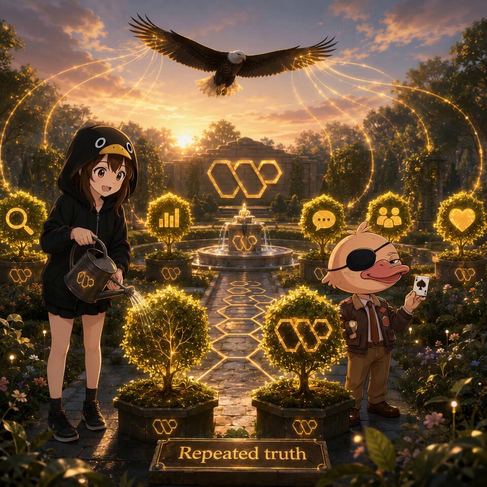 The image features two people standing next to each other, surrounded by potted plants with gold foilings that glimmer under the sun. The background of the image depicts an outdoor scene with trees and a fountain, creating a serene atmosphere. The caption "Repeated Truth" suggests that there is a connection between the image and the post about @wallchain.